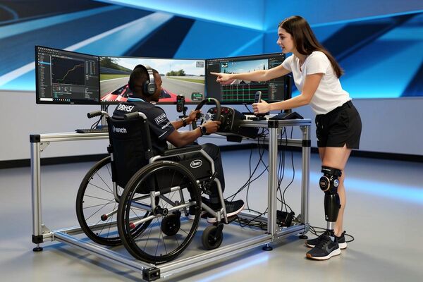 Sim-Racing-Rig mit Rennlenkrad und Bildschirm, Fahrer im Elektrorollstuhl